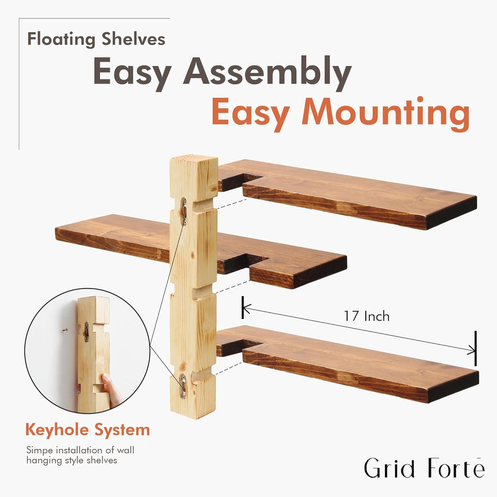 GRID FORTE Wood 3-Tier Floating Shelf, Large Minimalist Wall Shelves