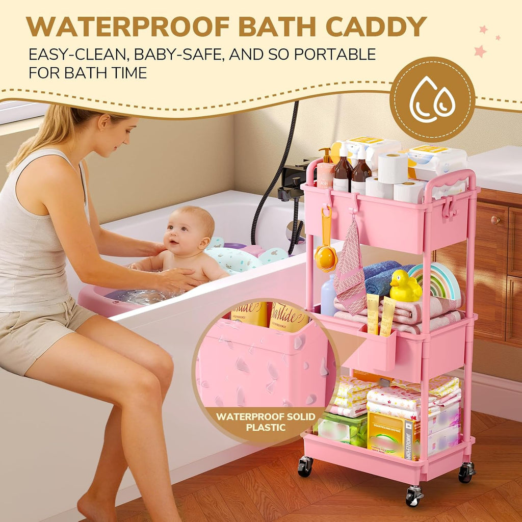 Goovilla Diaper Cart with Lockable Wheels and Easy Assembly, 3 Tier Pink