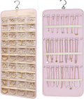 Hanging Jewelry Organizer Storage Roll with Hanger Metal Hooks Double-Sided Jewelry Holder for Earrings, Necklaces, Rings on Closet, Wall, Door,Large 14.17' x 33.07'',pink