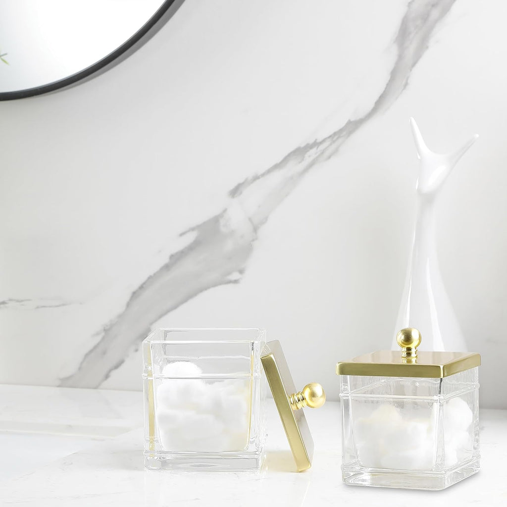Glass Cotton Jar Holder 2 Pack– Brushed Gold Lid, Elegant Bathroom Storage Canister for Qtips, Cotton Balls, Floss, Makeup Organizer, Vanity & Bathroom Organization