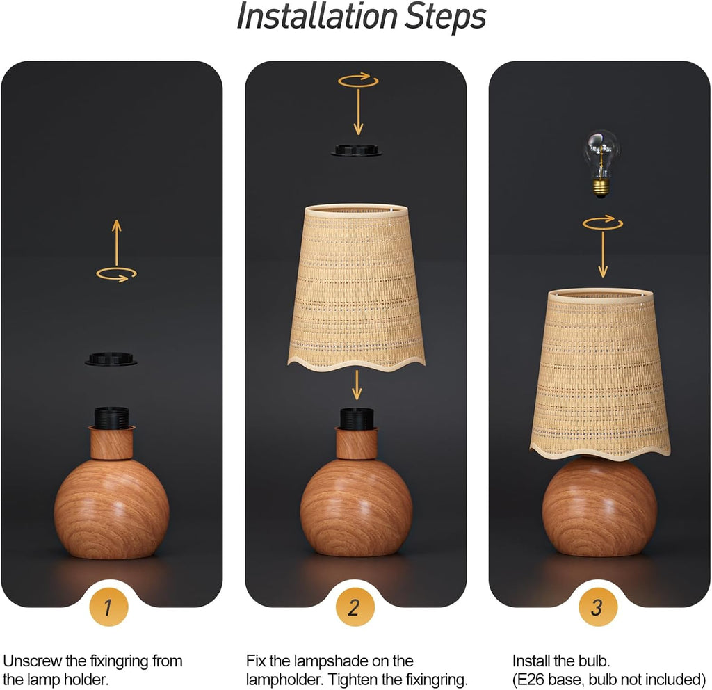Minimalist Rattan Table Lamp, 11' Height, Woven Lampshade & E26 Socket Metal Base (Brown)