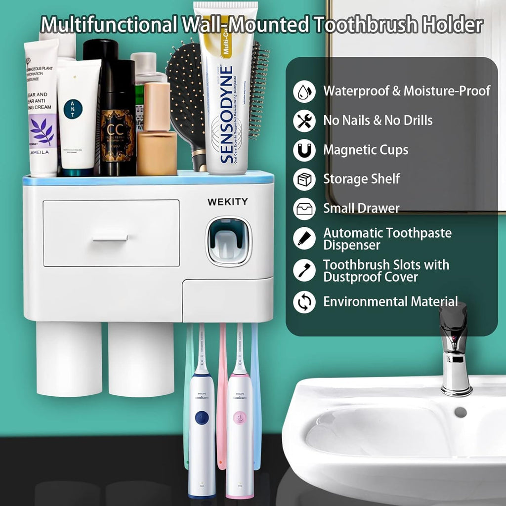 Multifunctional Wall-Mounted Toothbrush Holder, Automatic Toothpaste Dispenser Space Saving Toothbrush and Toothpaste Holder, with 2 Cup and Drawers Cosmetic Organizer (Blue)