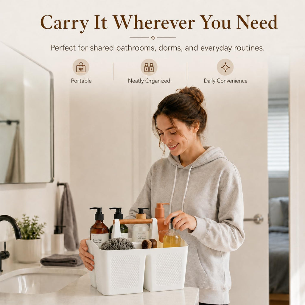 Haundry Plastic White Shower Caddy Basket with 3 Compartments, Portable Divided Bathroom Cleaning Caddy Organizer Storage Tote with Handle for Dorm, College, Room Essentials