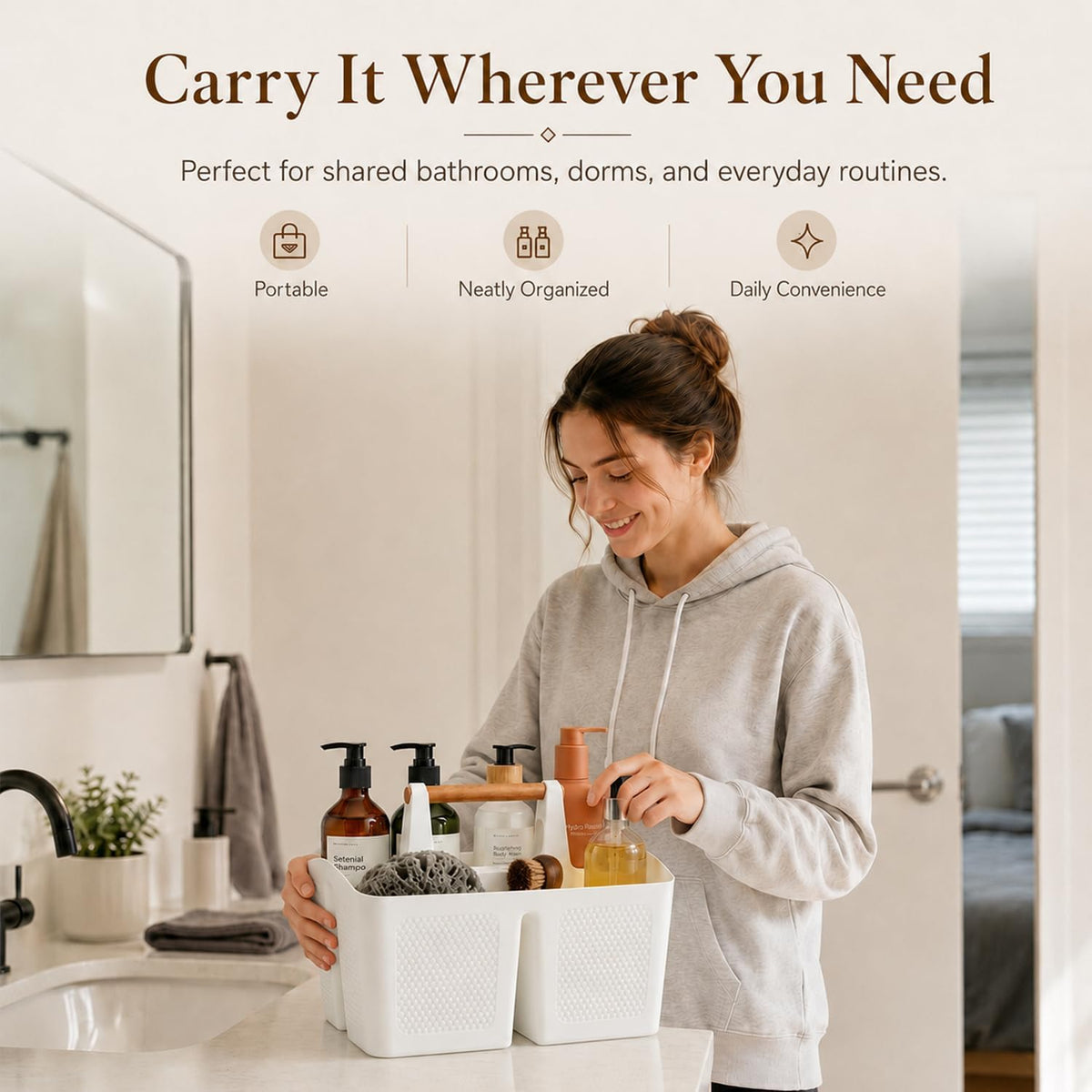 Haundry Plastic White Shower Caddy Basket with 3 Compartments, Portable Divided Bathroom Cleaning Caddy Organizer Storage Tote with Handle for Dorm, College, Room Essentials