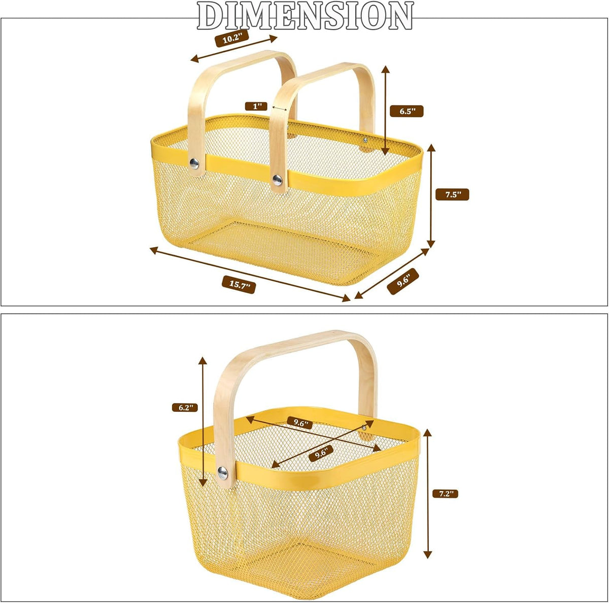 Coloful Metal Mesh Wire Basket with Foldable Wooden Handle,Bin Garden Fruit Vegetable Storage Hanging Harvest Holder for Kitchen Bathroom Picnic (Yellow, Cuboid & Cube)