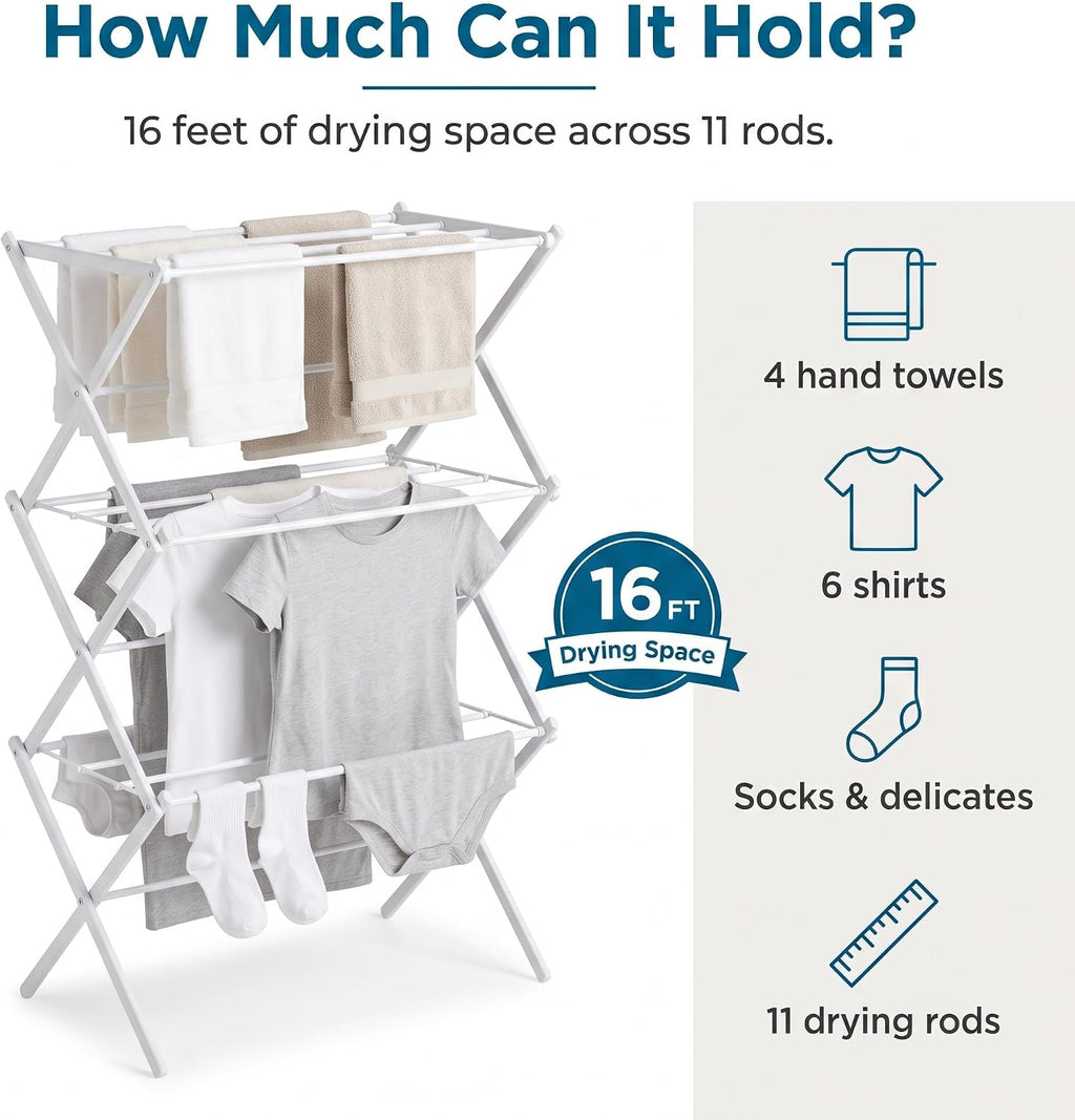 Honey-Can-Do 3-Tier Compact Clothes Drying Rack, 16 ft, No Assembly, White