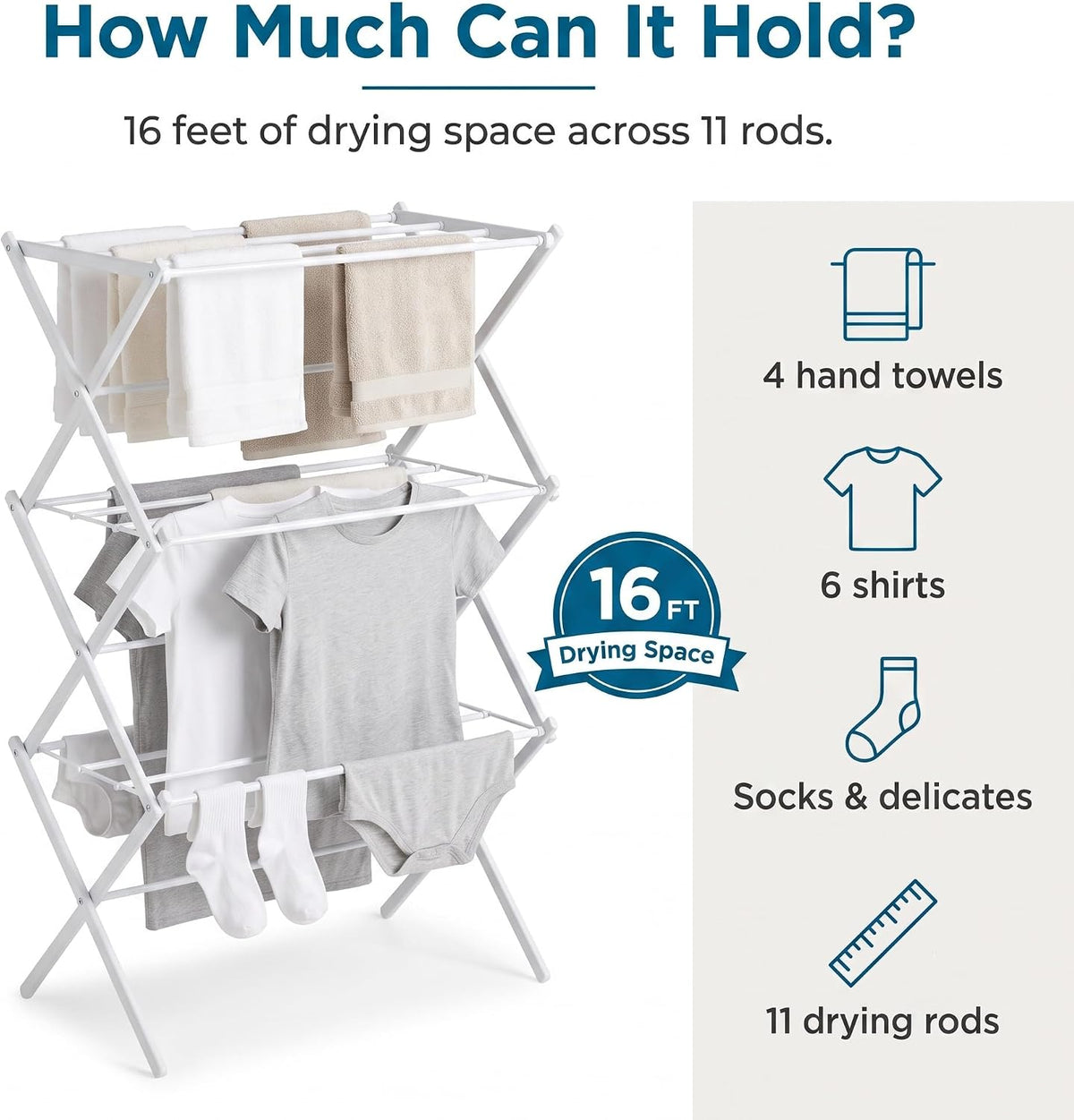 Honey-Can-Do 3-Tier Compact Clothes Drying Rack, 16 ft, No Assembly, White