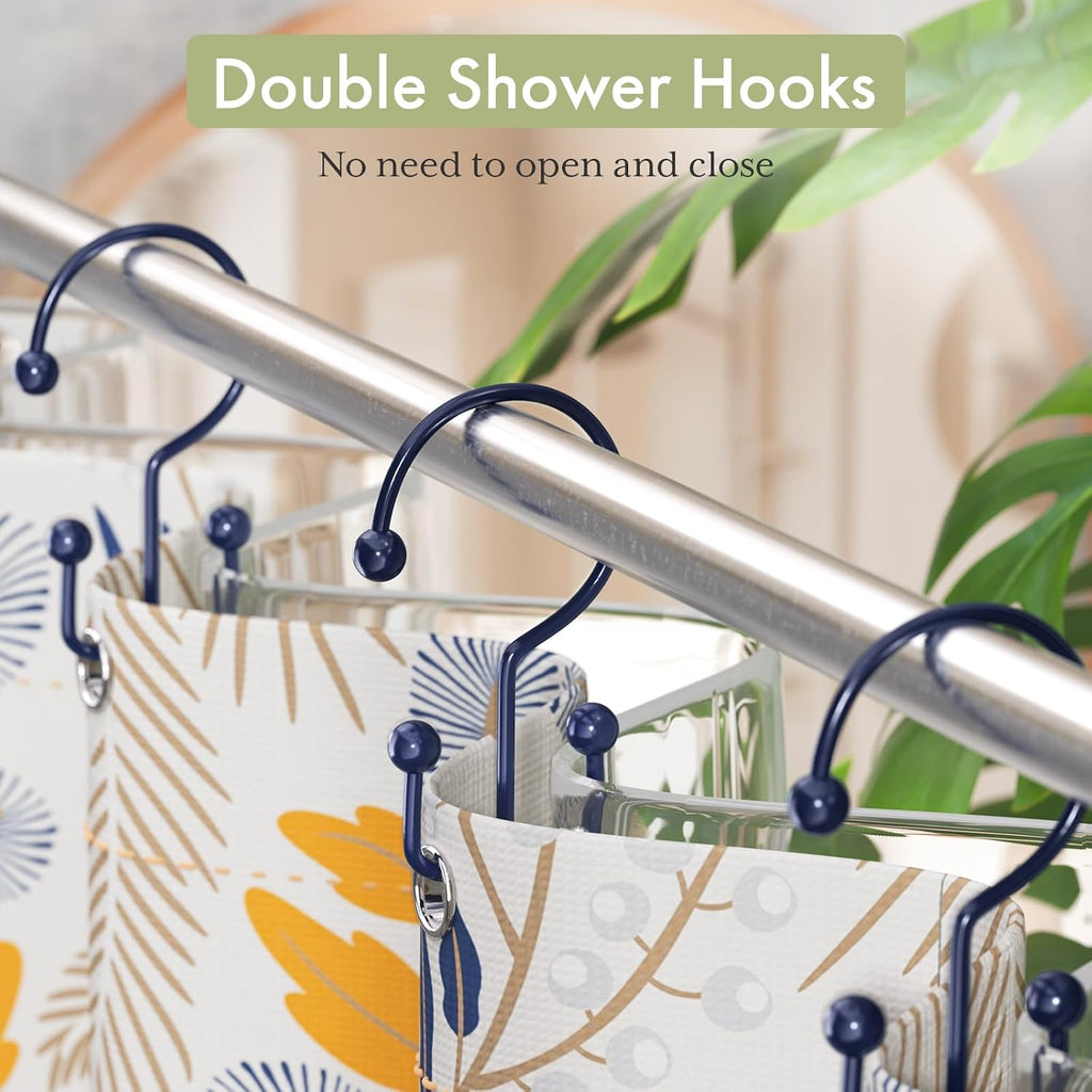Amazer Shower Curtain Hooks Navy Blue Double Shower Curtain Hooks, Shower Curtain Rings Sturdy Stainless Steel Shower Hooks for Bathroom Shower Rod, 12Pcs Shower Curtain Hangers
