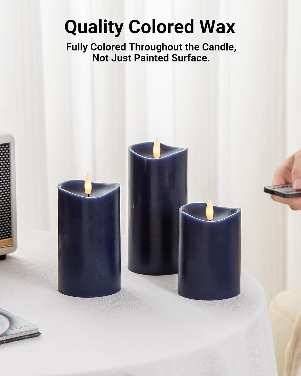 Navy Blue Real Wax Flameless Pillar Candles with Remote and Timer, Set of 3