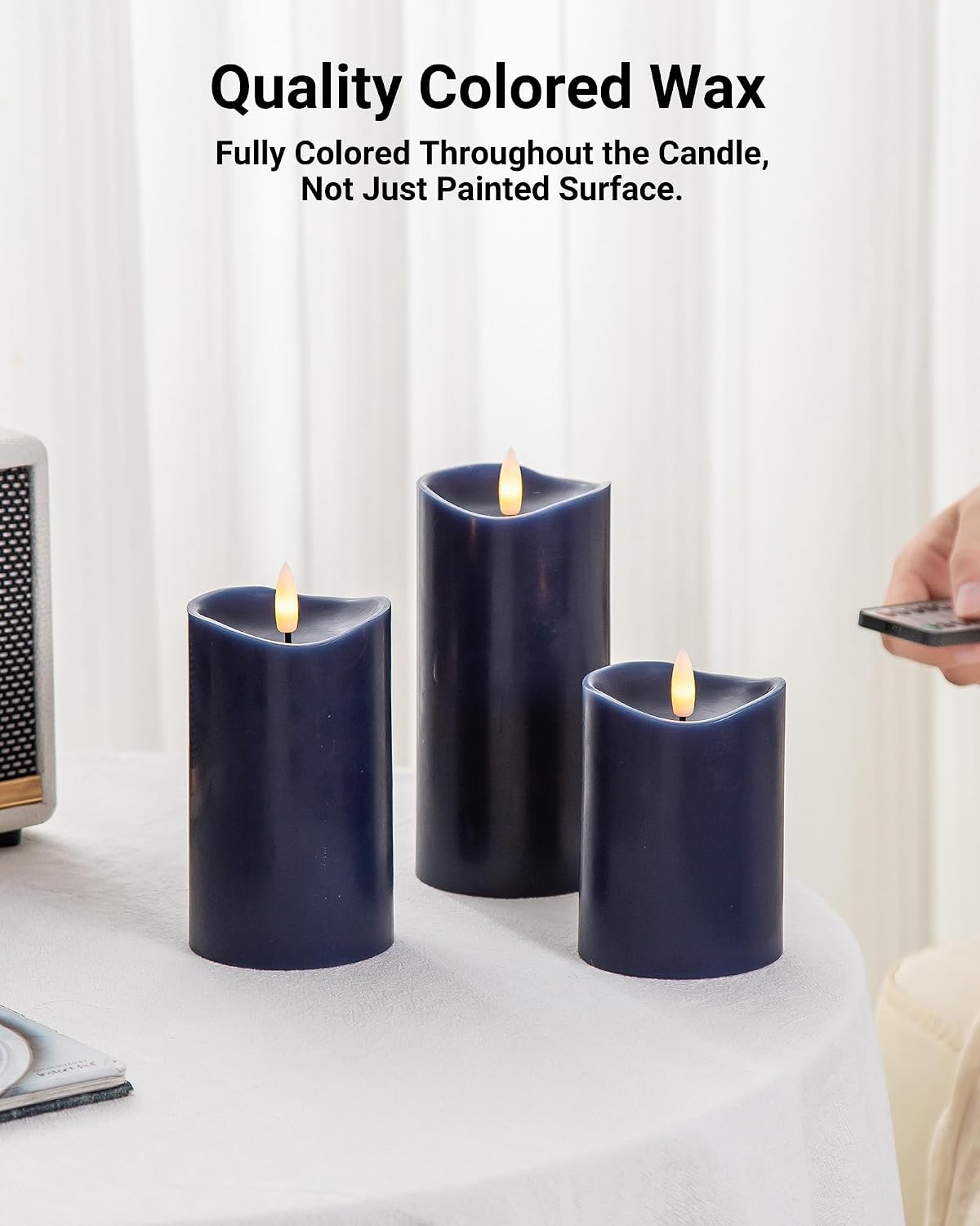 Navy Blue Real Wax Flameless Pillar Candles with Remote and Timer, Set of 3