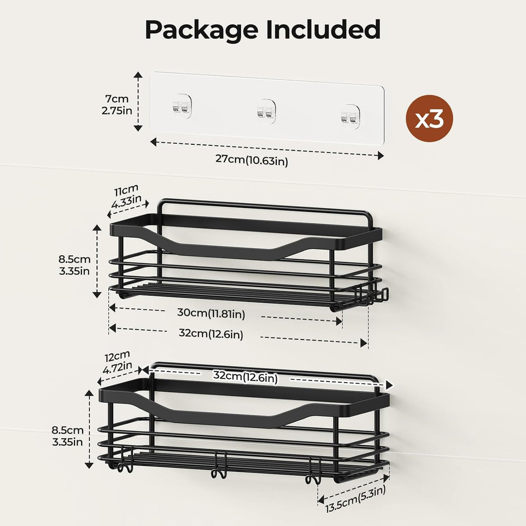 Orimade Adhesive Shower Caddy Shelf with 5 Hooks Organizer Storage Rack Rust Resistant Wall Mounted Stainless Steel No Drilling for Bathroom, Toilet, Kitchen - 2 Pack,Black