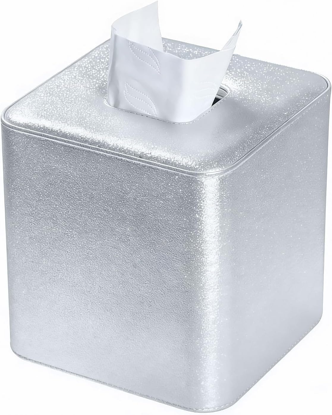 GORESE PU Leather Tissue Box Cover Square, Decorative Tissue Box Holder for Kleenexs, Tissue Cover for Vanity, Bathroom, and Office, Elegant Shimmer Cube Tissue Box (Silver)