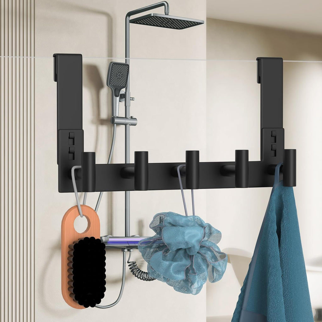 WUIVIUT Over The Shower Wall Hook, Shower Glass Door Hook Frameless fit for 3/8" (10mm) Thick, Towel Hold for Bathroom,Coat Hooks for Robe (T Shape, 5 Hook)
