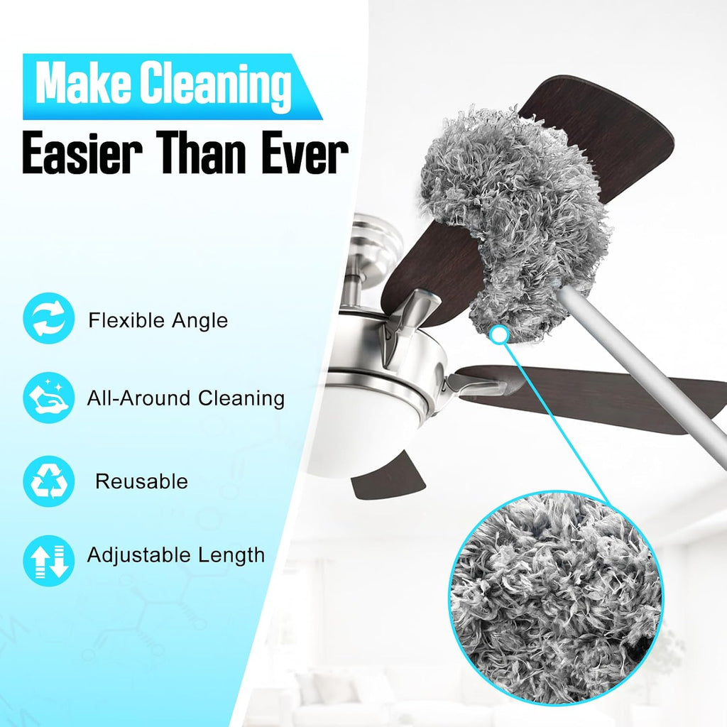 Ceiling Fan Cleaner Duster with Extension Pole, 12 to 51 Inch Duster Length, Reusable Microfiber Dusters for Cleaning Fan Blades, Cobwebs, Walls, Windows & High Ceilings, Removable, Blue