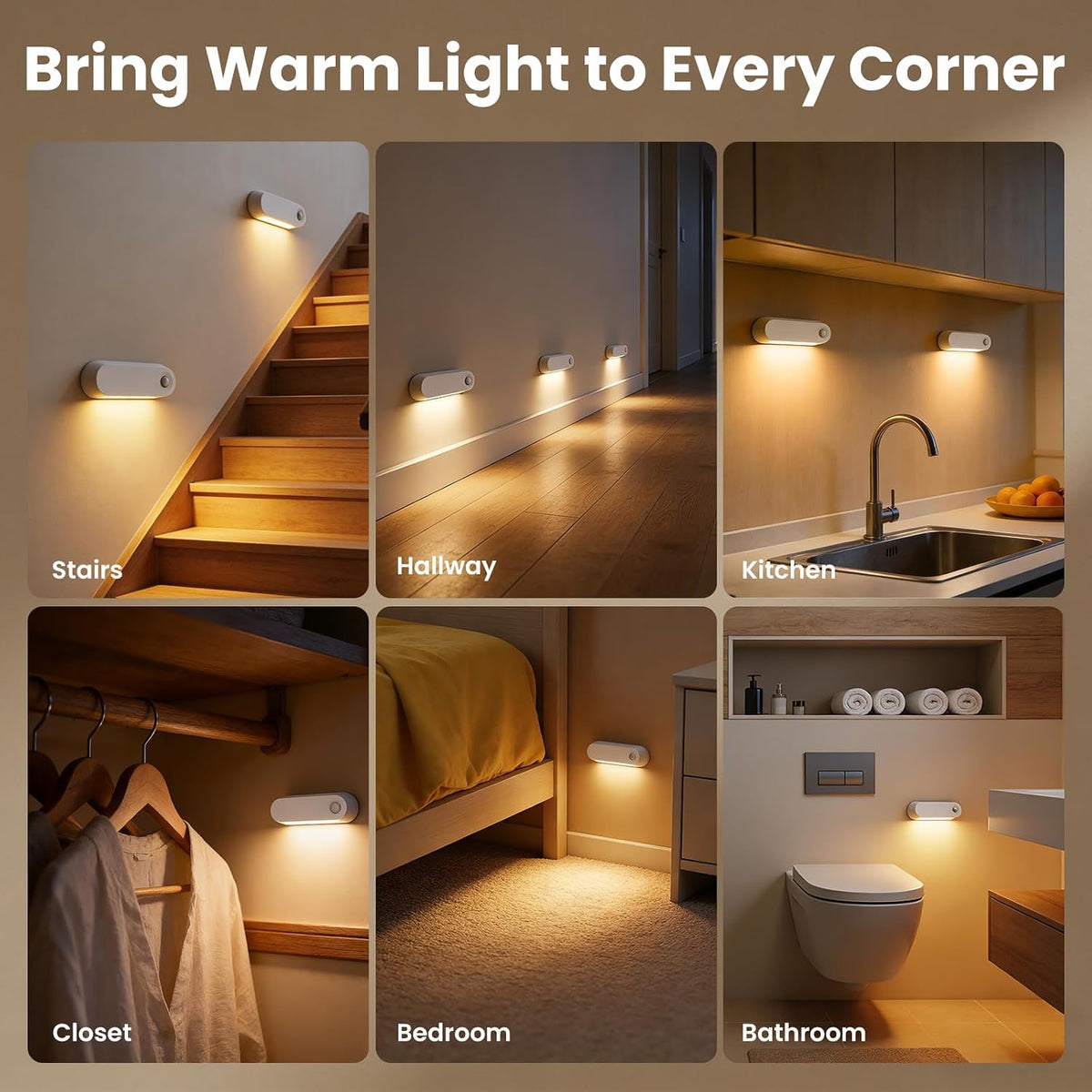 Kitloo Rechargeable Motion Sensor Night Light, 1800mAh Battery Operated Stair Lights Indoor, 60LM Warm White LED Night Light for Bathroom, Hallway, Stairs, Toilet, Bedroom, Wall Mount Stick-On, 2 Pack