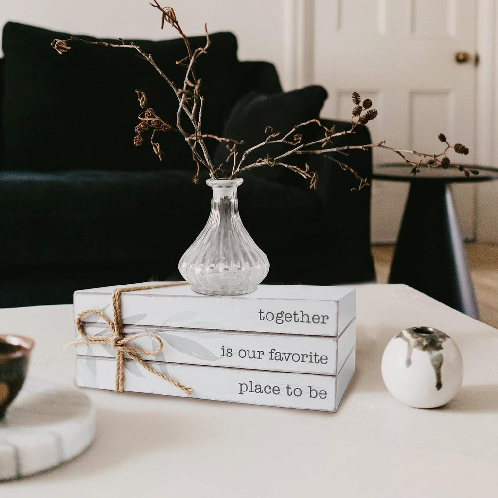 GENMOUS 4pcs White Decorative Books Set for Home Decor, Stacked Wood Books with Wood Beads for Living Room, White Faux Books for Display, Shelf Decor, Mantel Decor, Farmhouse Décor (Together)