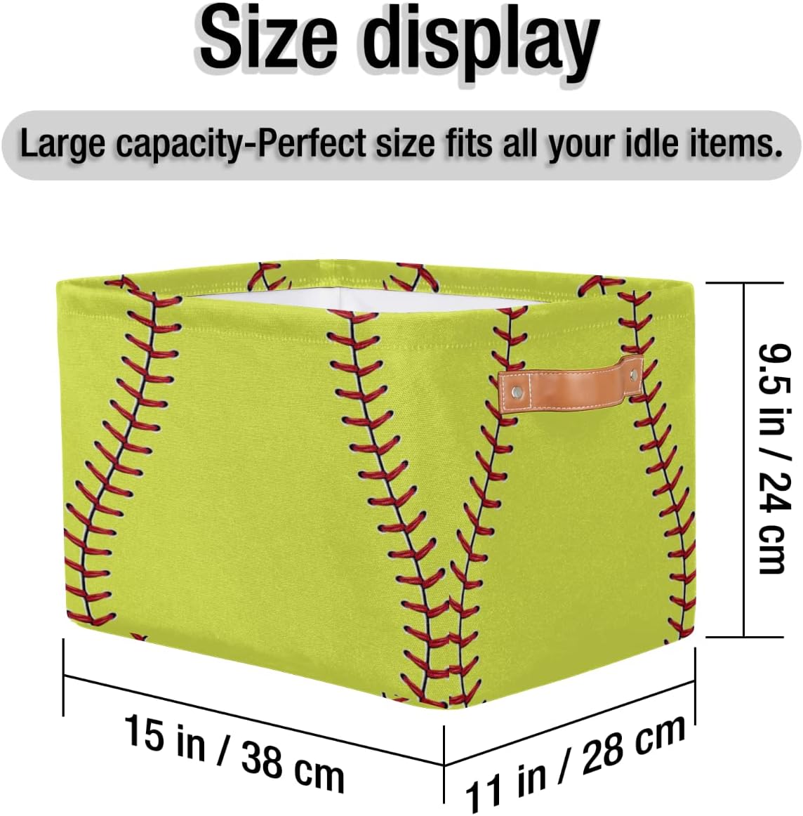 Large Storage Baskets for Organizing Shelves Sport Softball Yellow Baseball Foldable Cube Storage Bins with Handles Rectangle Fabric Closet Organizers for Home Toys Nursery, 1 Pack