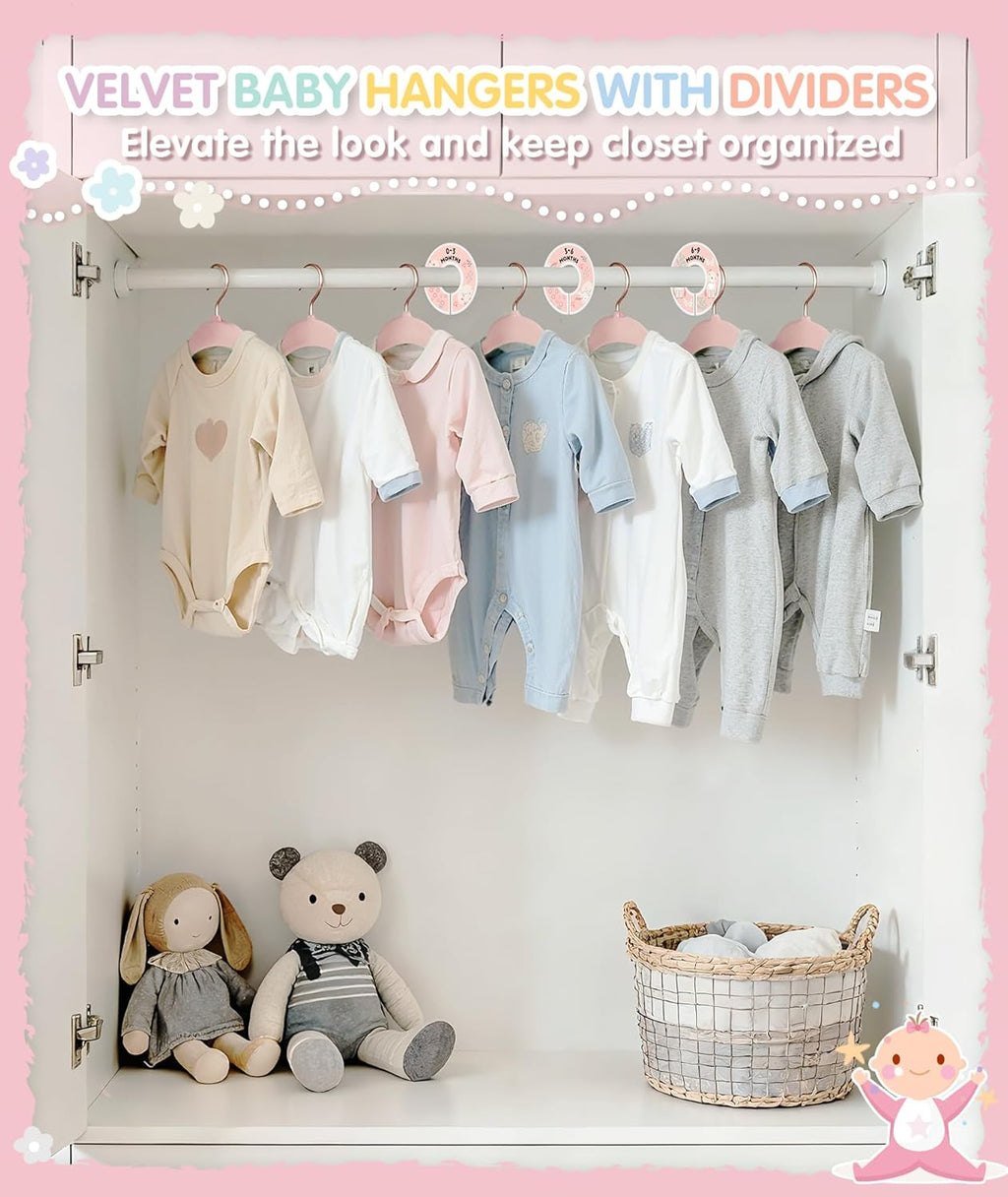 VIS'V Velvet Baby Hangers with 6 Pcs Size Dividers, 11 Inch, Pink, 30 Pcs