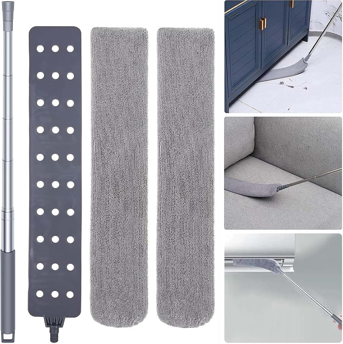 Retractable Gap Dust Cleaner with Extension Pole, Cleaning Tools with 2 Microfiber Dusting Cloths, Washable Extendable Long Handle Gap Dusters for Sofa Bed Furniture Bottom (2pcs Duster Cloths)