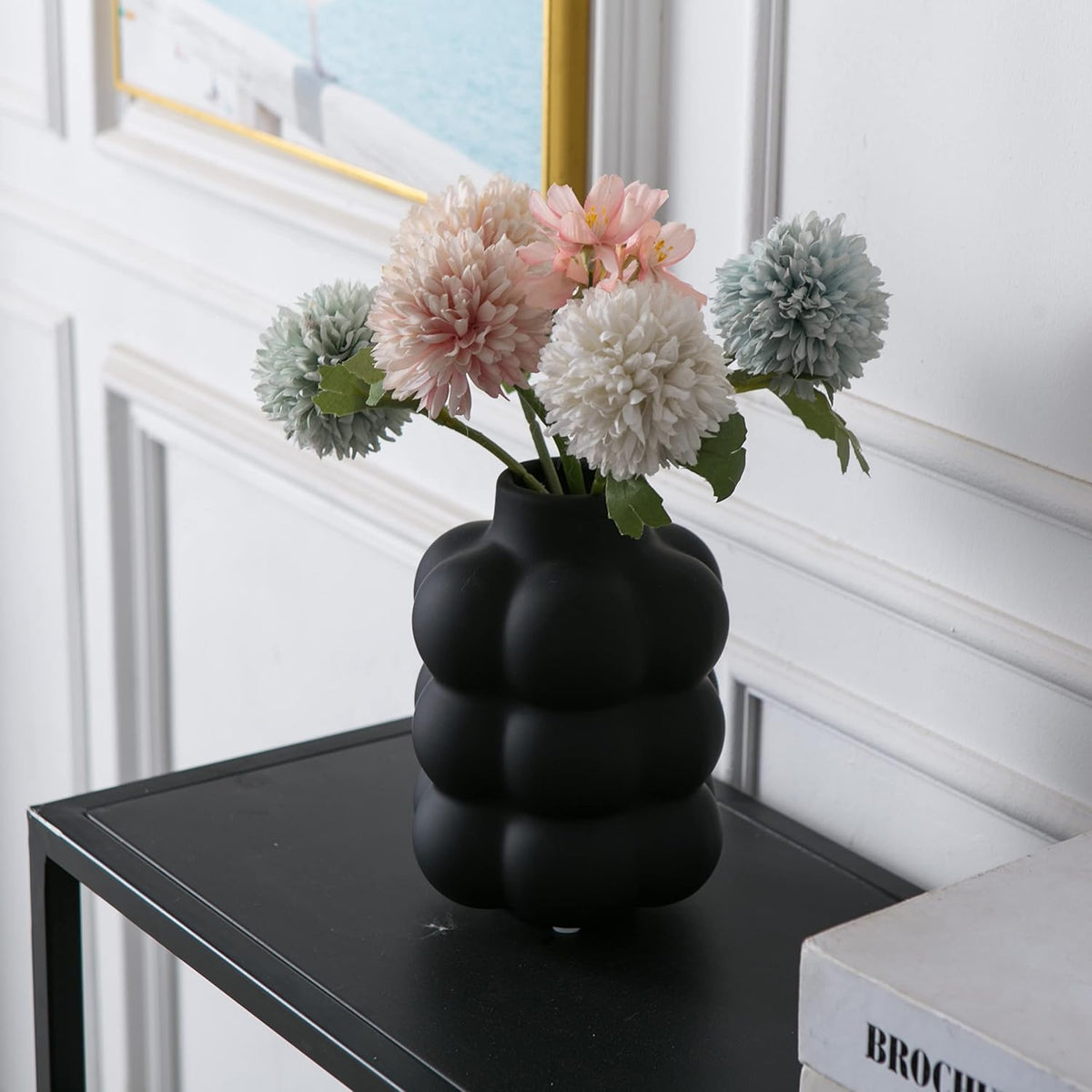 Mowtanco Black Ceramic Vase, Modern Small Vase for Centerpiece 6.7" Tall