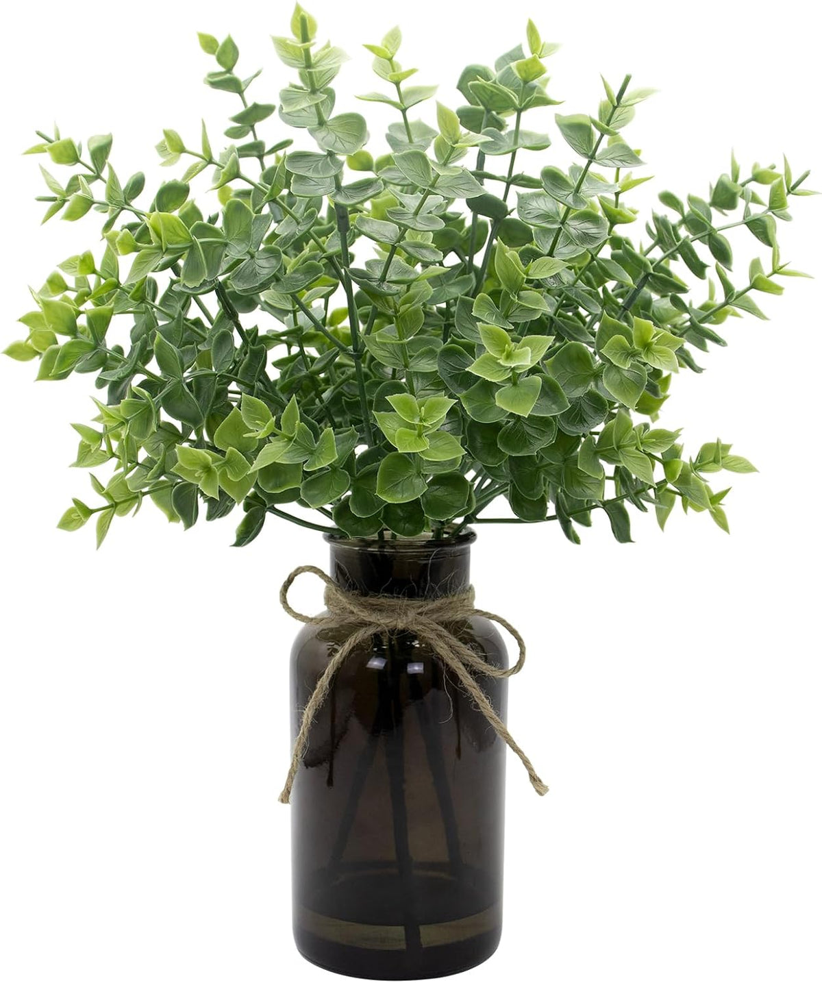 Fake Eucalyptus Stems in Black Glass Vase with Faux Water for Home Decor