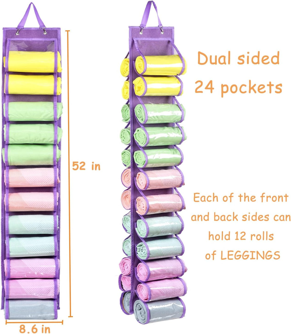 Legging Storage Bag Storage Hanger Can Holds 24 Leggings or Shirts Jeans Compartment Storage Hanger, Foldable Leggings Organizer Clothes Portable Closets Roll Holder (Purple)