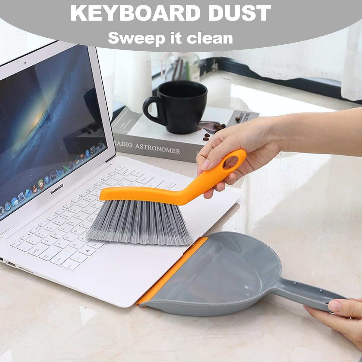 Mini Broom with Dustpan Combo Set Small Dust pan and Brush Set Quick Cleanup Debris Dust for Floor Countertop Worktop Desk Pet Cage (Grey+Orange)