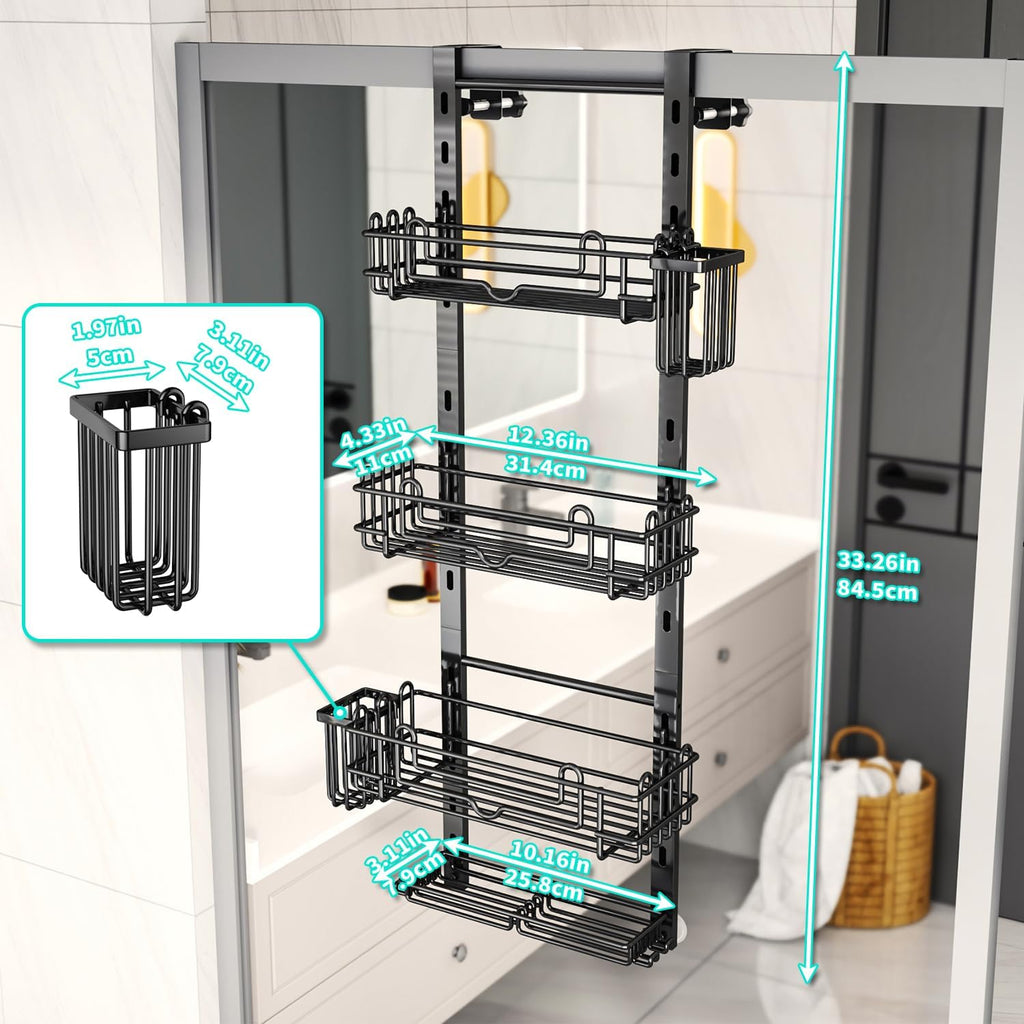 HapiRm Over the Door Shower Caddy - 4-Tier Hanging Shower Organizer with 22 Hooks and 2 Toothbrush Holders, No Drilling Adjustable Hanging Shelves for Bathroom - Black (Pack of 2)
