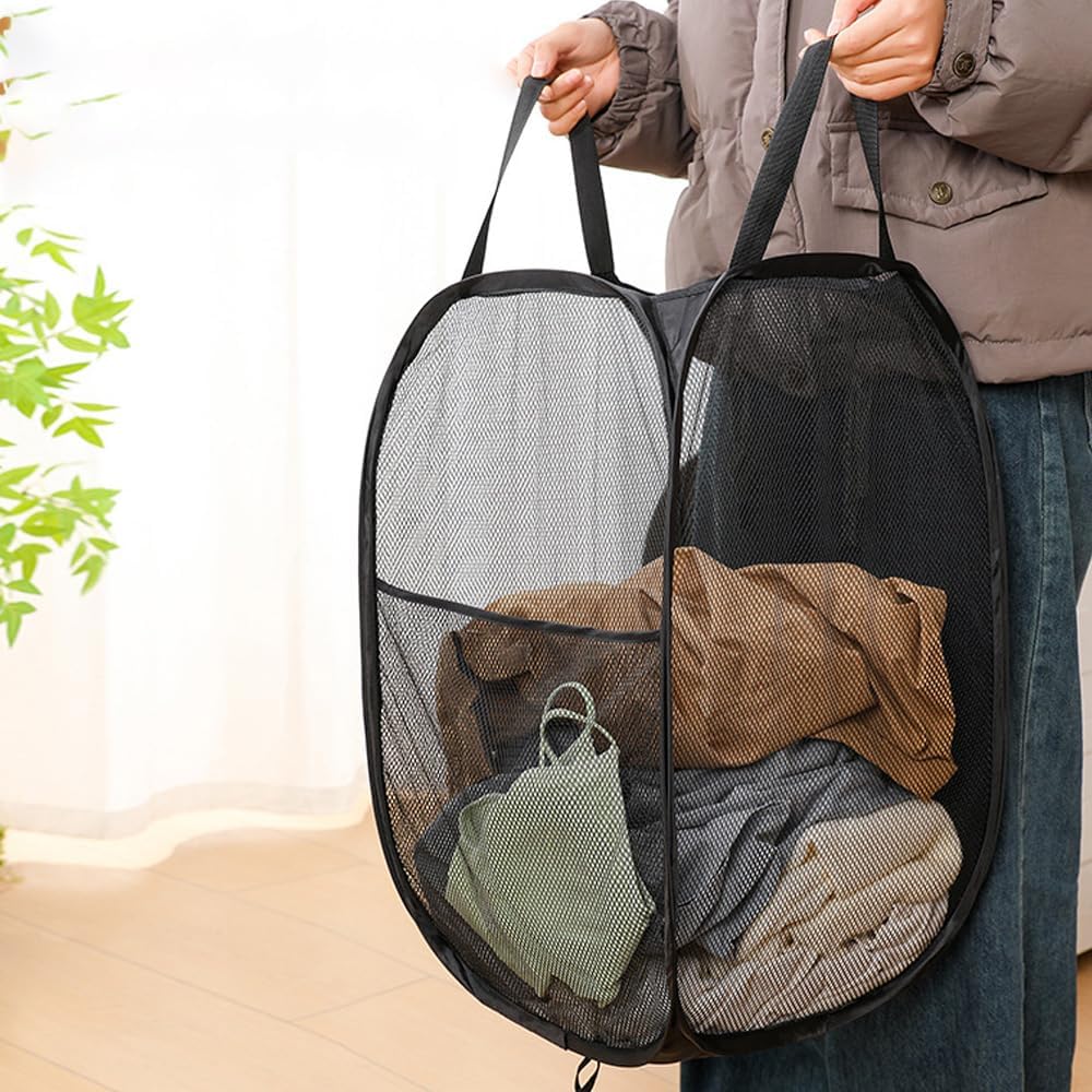 Pack of 2 Pop Up Mesh Laundry Hamper for Cruise, Collapsible Laundry Basket Space Saving, Large Side Pocket, Easy to Carry Handles