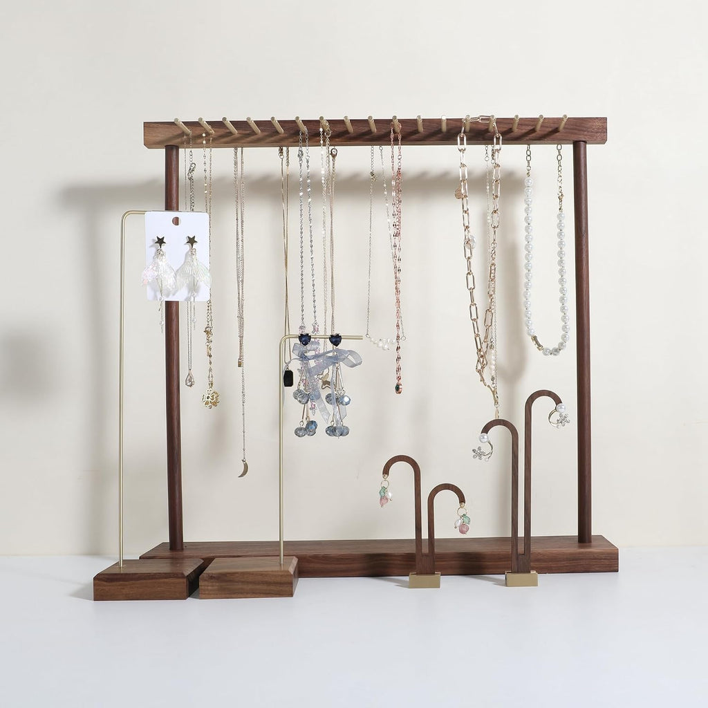 Large necklace hanger shelf with 17 copper bars, Wooden jewelry storage organizer rack for hanger necklace bracelet, necklace display stand for boutique store【Walnut】