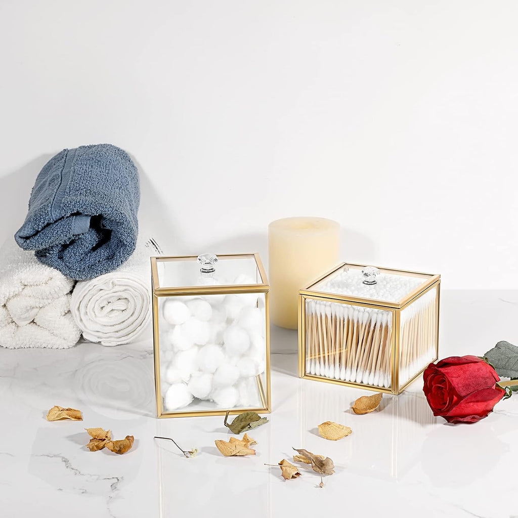 Hipiwe 2 Pack Glass Qtip Holder Dispenser With Lid Gold Bathroom Containers