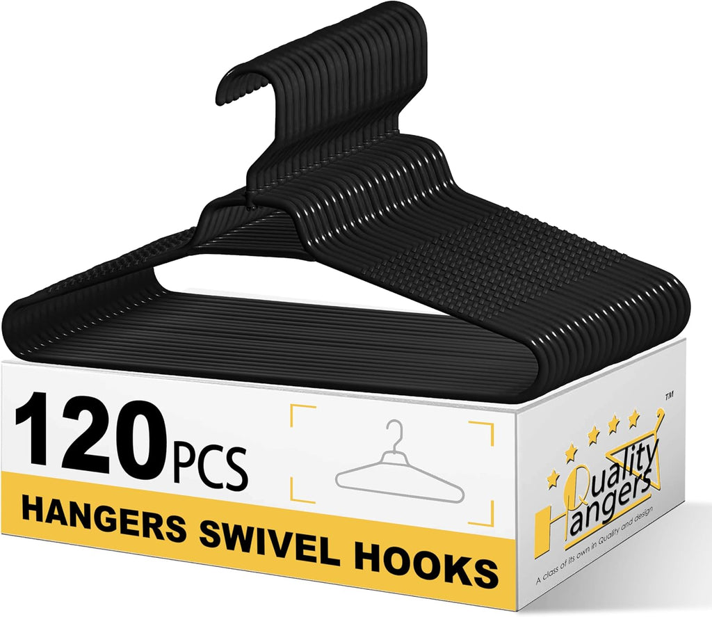 Quality Hangers Heavy Duty Black Plastic Hangers 120-Pack with Swivel Hook | 7mm Thick Non Slip Coat Hangers with Accessory Bar | Ideal Clothes Hangers Plastic for Everyday Use | 17 Inches 120, Black