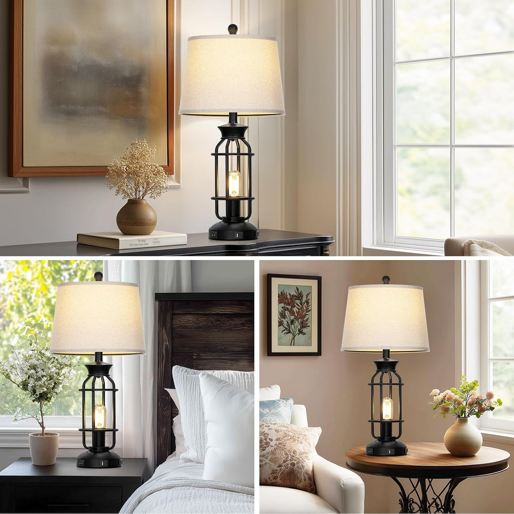 28" Tall Farmhouse Table Lamp for Living Room, Industrial Table Lamp with USB C+A Charging Ports & Outlet, Rustic Vintage Bedside Nightstand Lamp with Night Light for Bedroom End Table Black Single