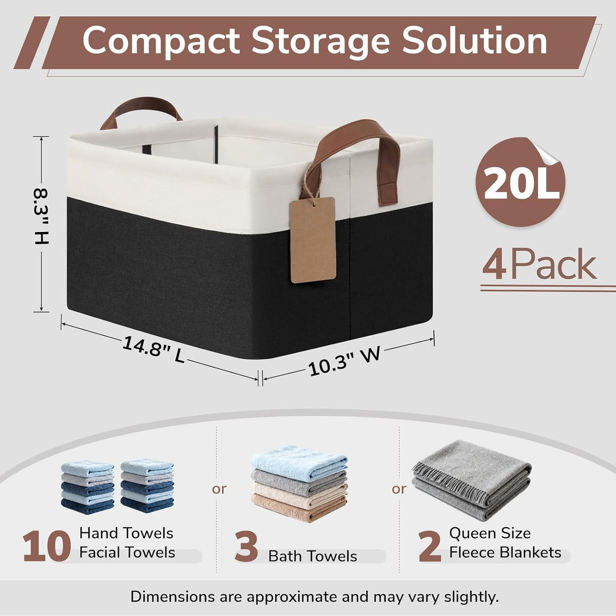 CHICVITA 4 Pack Fabric Storage Bins for Shelves, 20L Black & White
