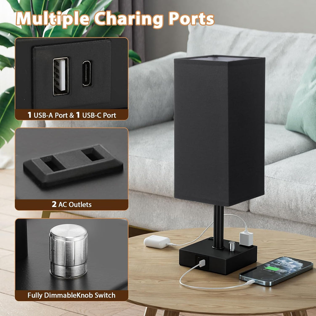Black Bedside Table Lamps Set of 2 - Dimmable, USB C+A, 2 AC Outlets