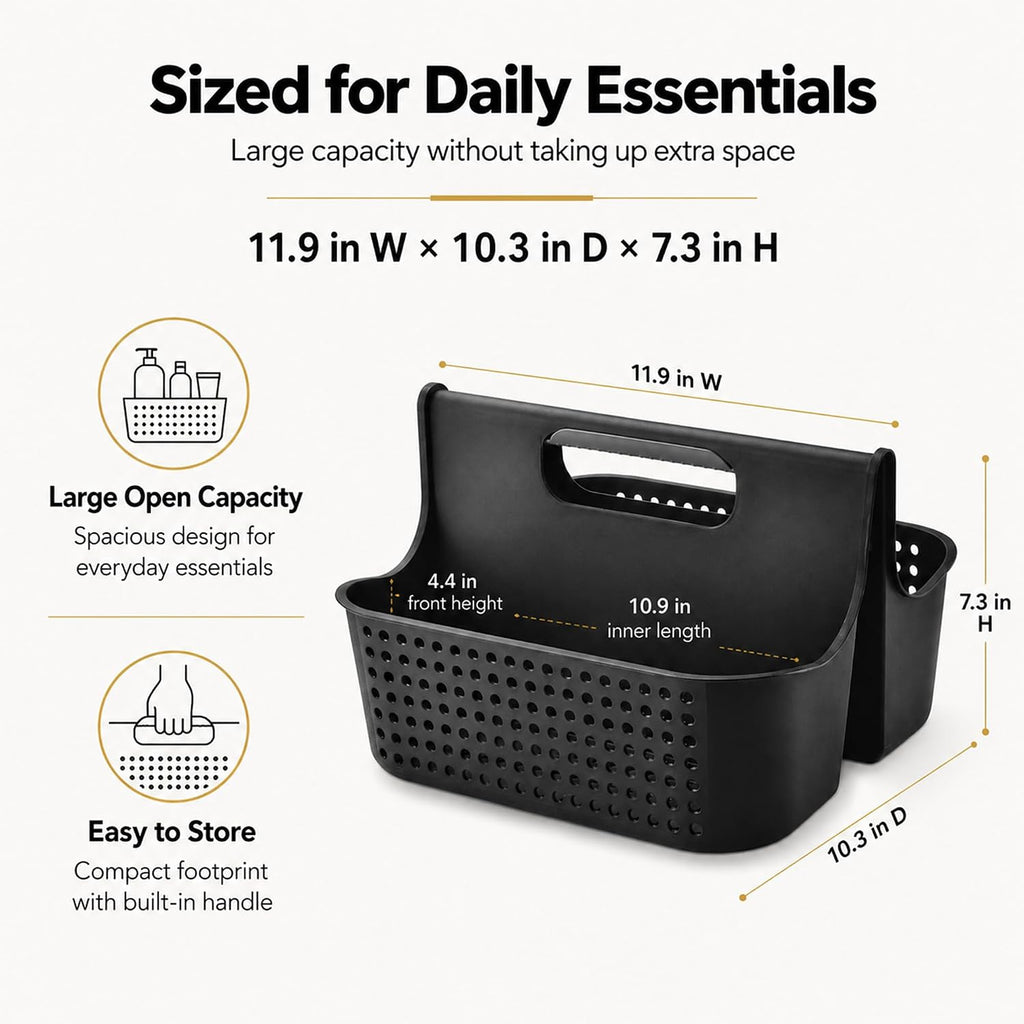 Haundry Portable Shower Caddy Basket, 2 Compartments Plastic Cleaning Caddy Organizer, Large Storage Tote with Handle for Bathroom, College, Dorm Room Essentials, Black