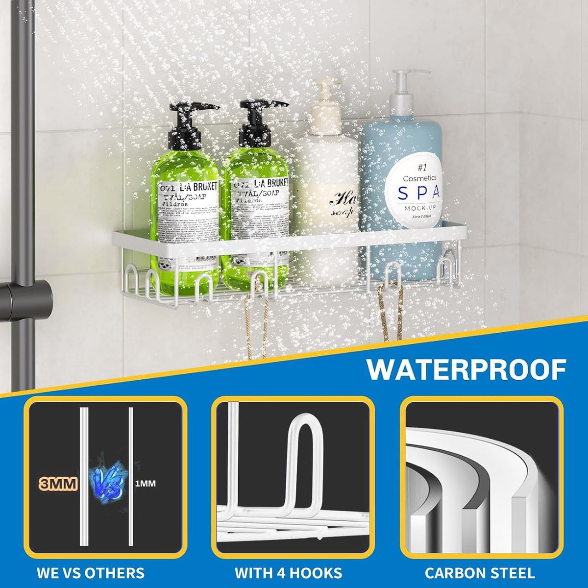 DTUQYX Shower Caddy 18 Pack,Adhesive Organizer for Bathroom Decor Accessories & Kitchen Storage,No Drilling,Large Capacity,Rustproof Stainless Steel Organizer,Home Decor Shelves (White 18 Pack)
