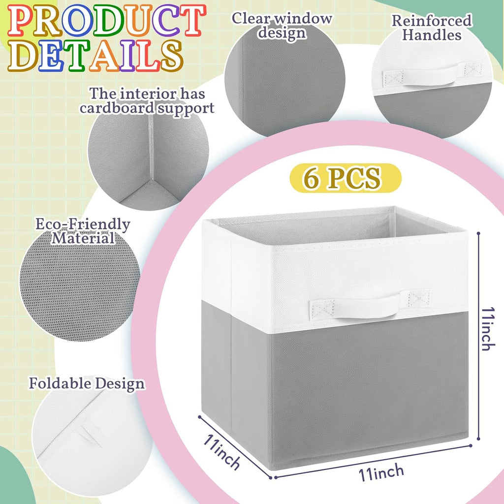 Yinder 6 Pcs Cube Storage Bin White Gray 10.5''x10.5''x11'' Storage Bins for Playroom Decor Colorful Bins for Kids Foldable Baskets for Nursery Organizer Boxes Fabric Boxes