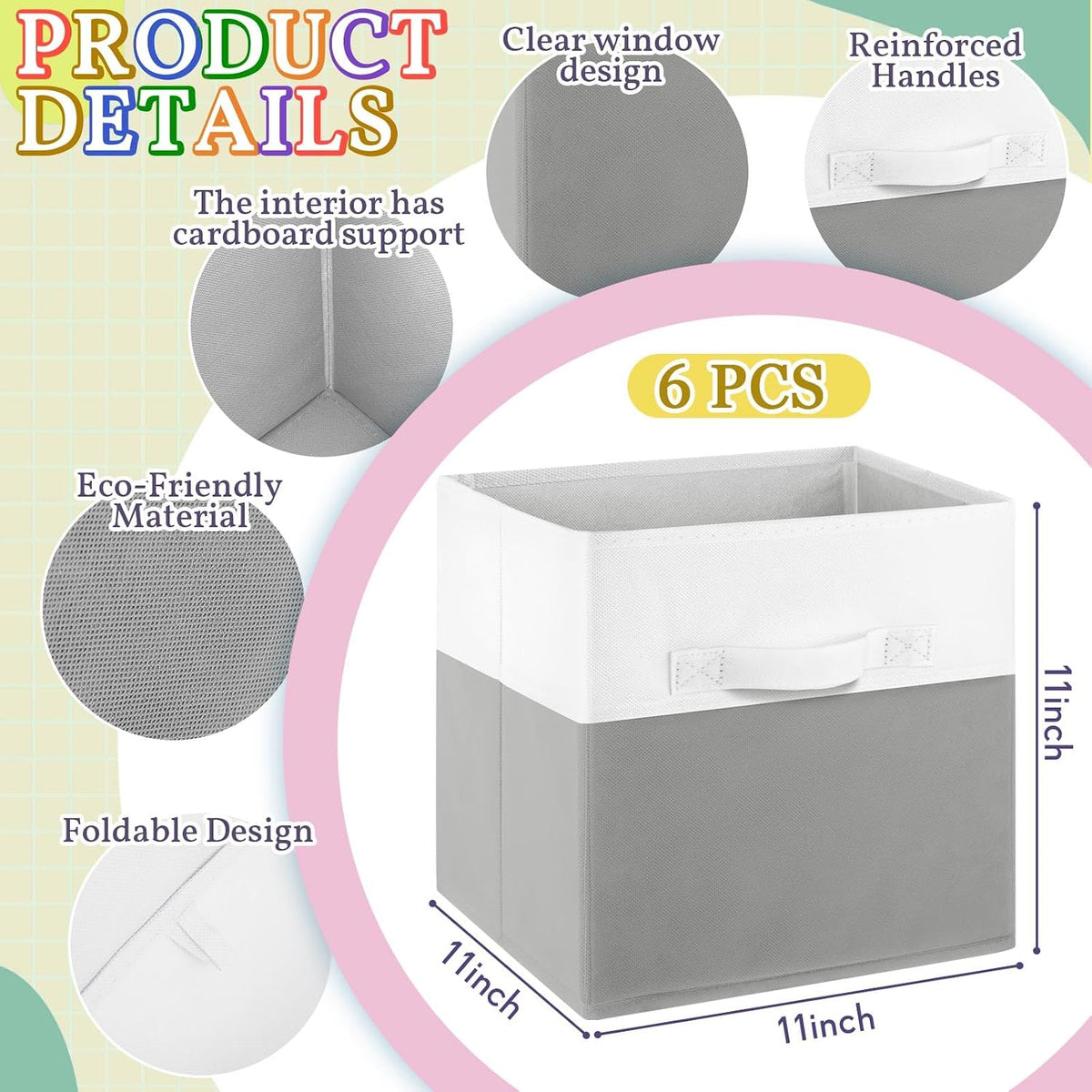 Yinder 6 Pcs Cube Storage Bin White Gray 10.5''x10.5''x11'' Storage Bins for Playroom Decor Colorful Bins for Kids Foldable Baskets for Nursery Organizer Boxes Fabric Boxes