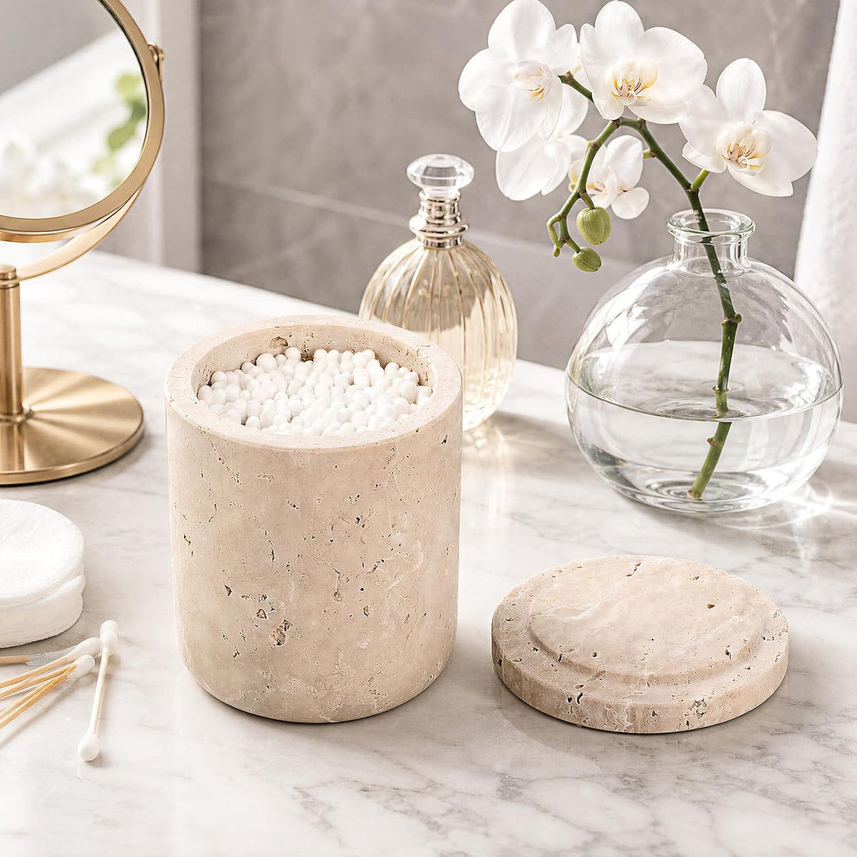 Travertine Qtip Holder with Lid Natural Bathroom Canister Storage