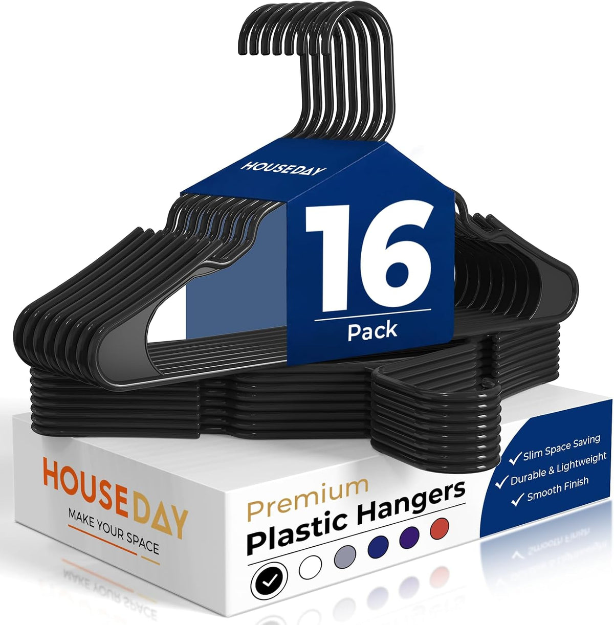 HOUSE DAY Black Plastic Hangers 16 Pack – Slim Space Saving Clothes Hangers