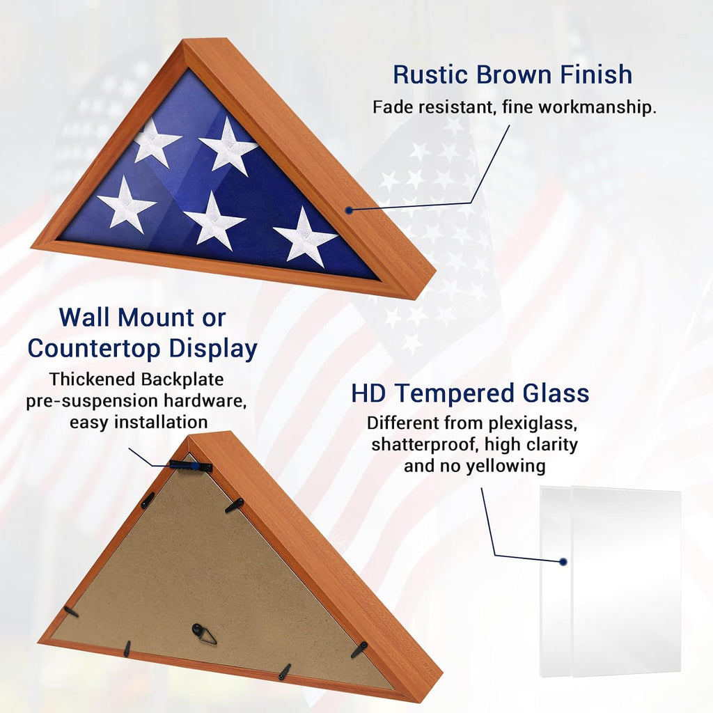 ASmileIndeep Flag Display Case for 3' x 5' Flag, American Flag Shadow Box with HD Tempered Glass and Wall Mount, Folded Triangle Flag Holder Frame for Small Flag (Not for Burial Flag) - Brown