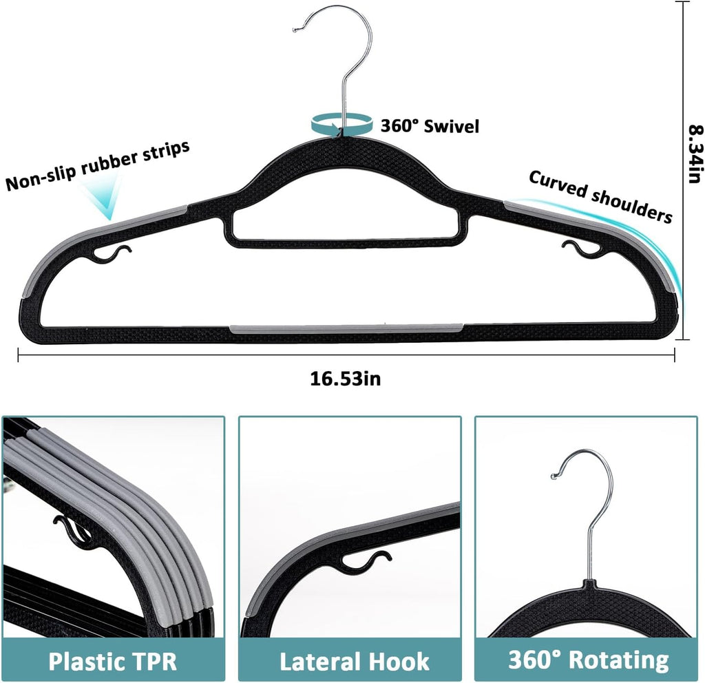 30-Pack Plastic Clothes Hangers, Space Saver, Non Slip, 360° Swivel Hook, 0.2 Inches Slim, Sturdy Heavy Duty Coat Hangers, Durable Hangers for Suits, Black and Dark Gray