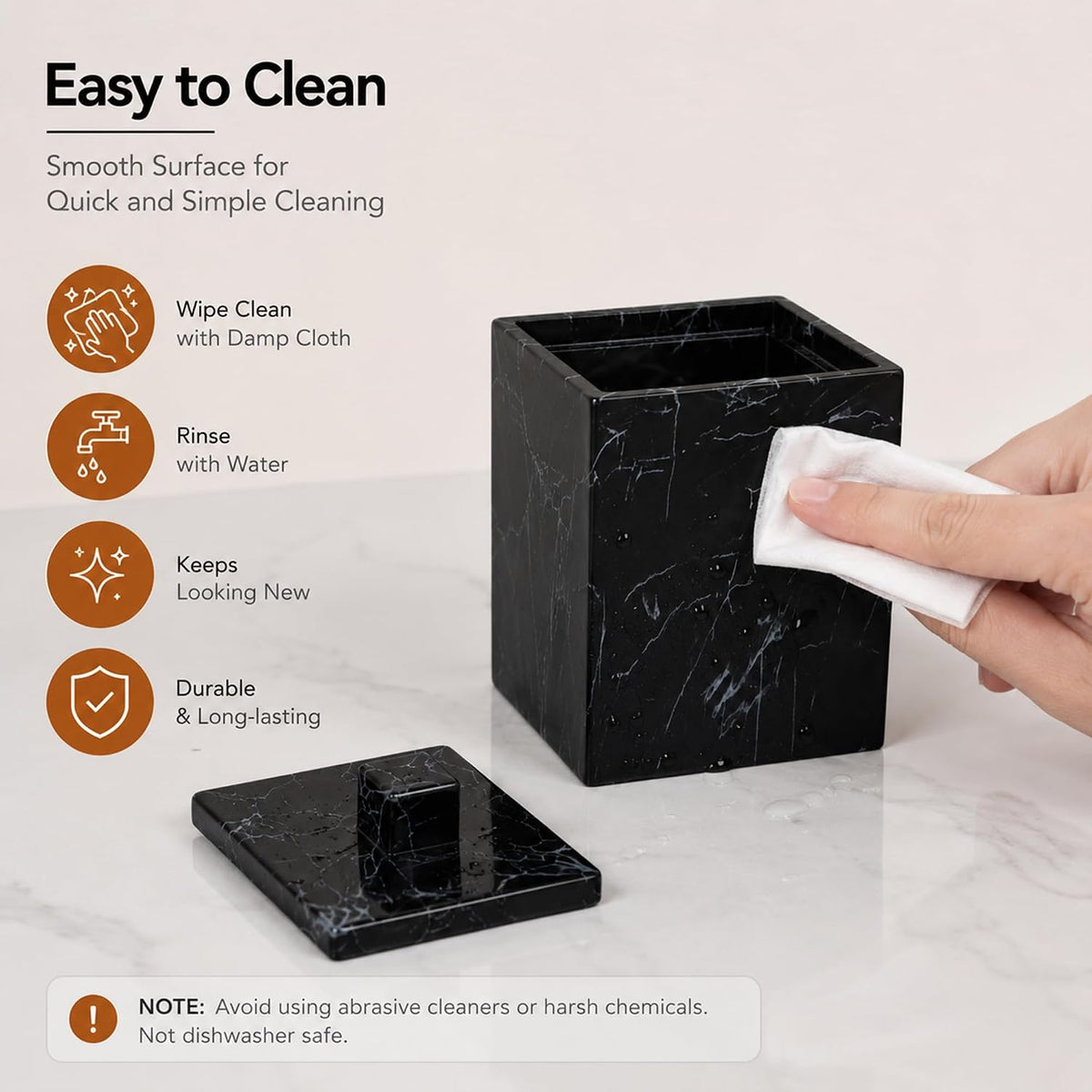 2-Pack Marble Pattern Cotton Swab Holders with Lids, Resin Bathroom Vanity Storage Jars, Square Qtip Containers for Cotton Balls, Pads, and More (Black)