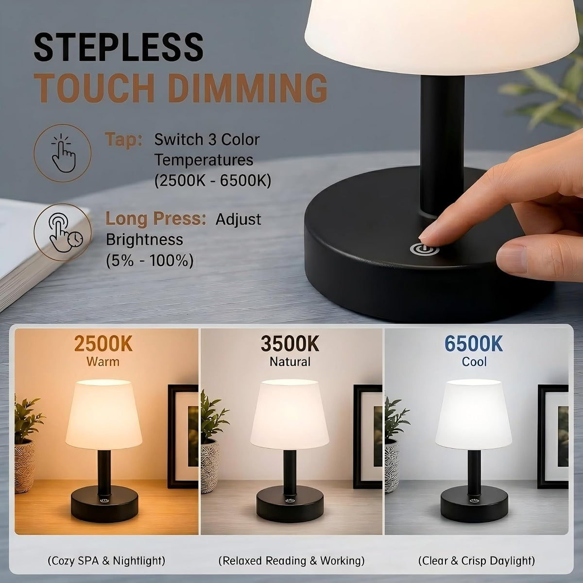 NOVEINN Shower Lamp IP54 Waterproof, Cordless Table Lamp, Black 1 Pack