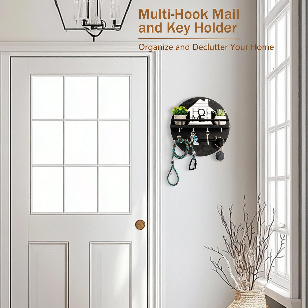 Key Holder Wall Mount with Shelf and Hooks, Mail Organizer for Wall, Black