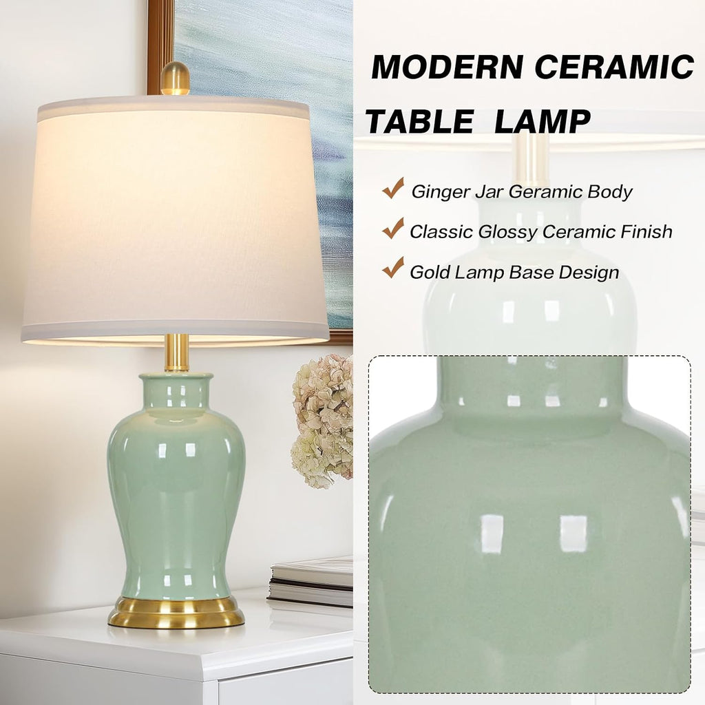 Ruzectt Green Ceramic Lamps Set of 2, 23" Modern Table Lamps for Living Room, Classic Bedside Lamp with Ginger Jar Design, Elegant Bedroom Lamp for Night Stand Desk Side End Table Home Decor