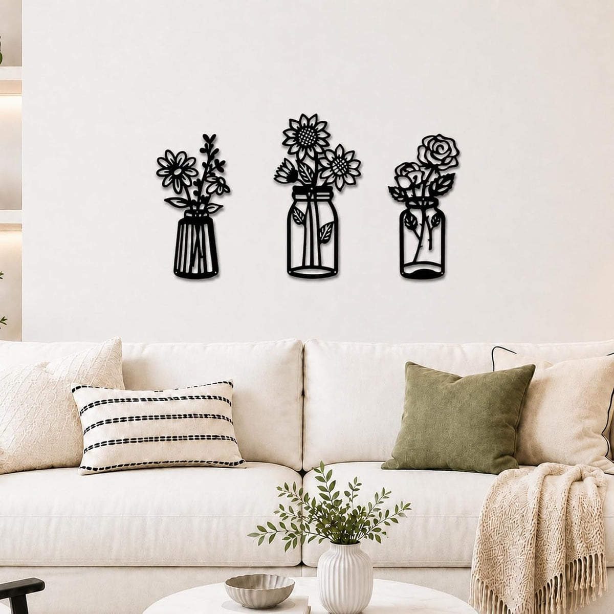 qzmaikoo 3 Pieces Sunflower Roses Daisy Black Metal Flowers Wall Decor Metal Vase Wall Art Metal Wall Sculptures Hanging for Indoor Kitchen Bathroom Bedroom living room,14.56x7.87 inches