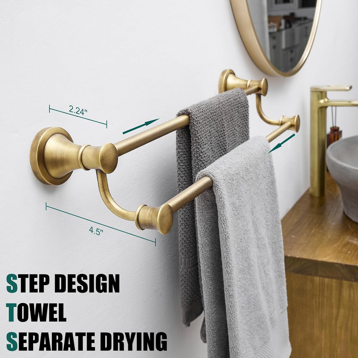 Hoimpro Adjustable Retractable 15-27 Inches Stainless Steel Bathroom Towel Bar, Bathroom Accessories Bath Hotel Double Towel Bar Rod Hanger Wall Mounted Towel Holder Towel Rack, Antique Brass