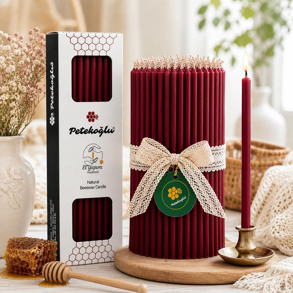 Petekoğlu 100% Natural Beeswax Candles 40 Pack Burgundy Thin Taper Candles 20 cm for Birthday Church Prayer Christmas Decor